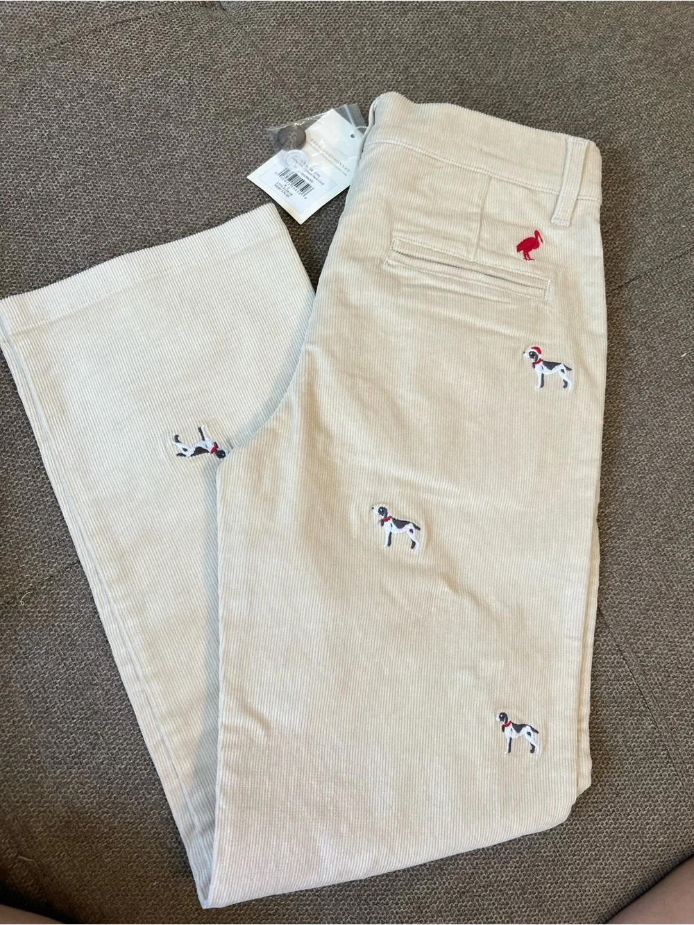 The Beaufort Bonnet Company Cream Corduroy Pants with Embroidered Dogs